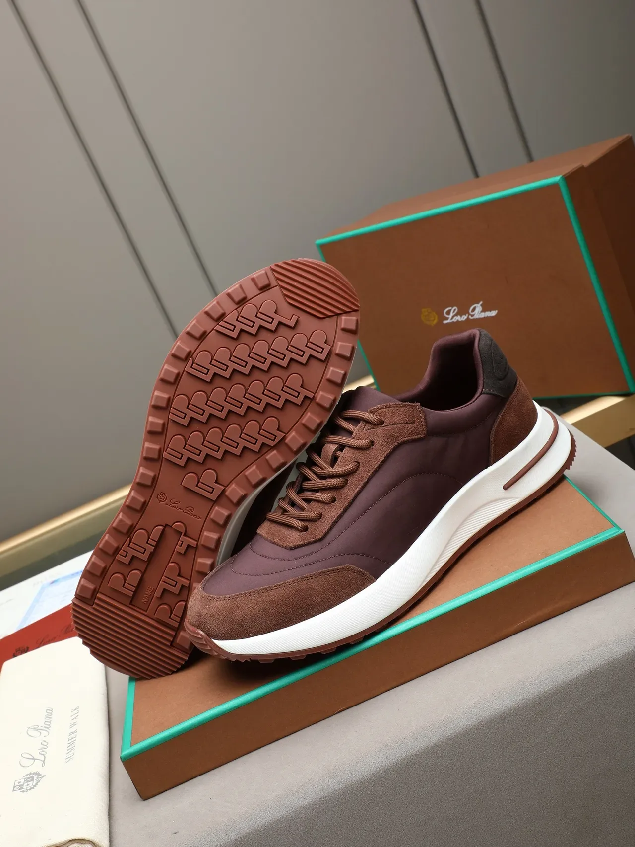 Loro Piana Burgundy and Brown Suede-Nylon Lifestyle Sneaker 4