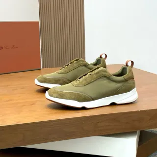 Loro Piana Olive Green Suede and Nylon Laceless Slip-On Sneakers