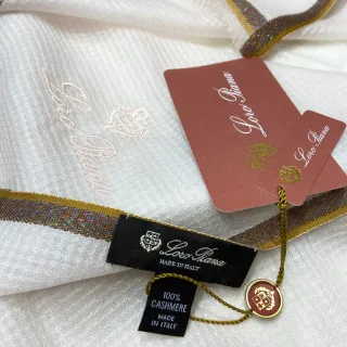 Loro Piana White Gold Lightweight Embroidered Logo Cashmere Scarf