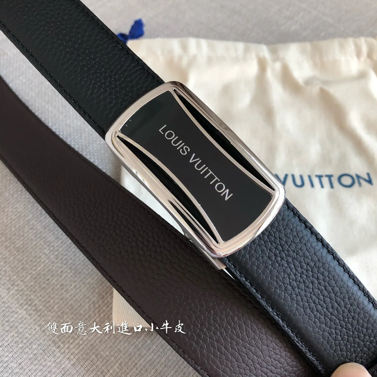 Louis Vuitton Automatic Buckle Belt Black Silver Pebbled Leather Belt 6