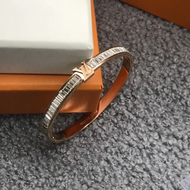 Louis Vuitton Baguette-Cut Crystal LV Logo Bangle Bracelet 4