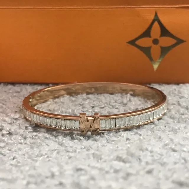 Louis Vuitton Baguette-Cut Crystal LV Logo Bangle Bracelet 6