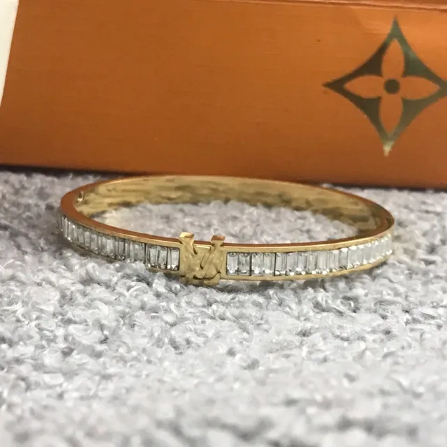 Louis Vuitton Baguette-Cut Crystal LV Logo Bangle Bracelet 7