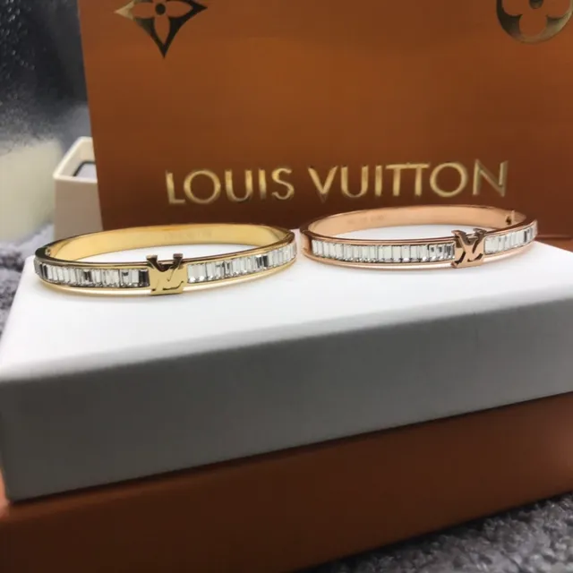 Louis Vuitton Baguette-Cut Crystal LV Logo Bangle Bracelet 9