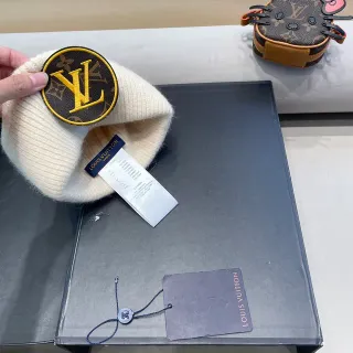 Louis Vuitton Beige Brown Knit Monogrammed Patch Beanie