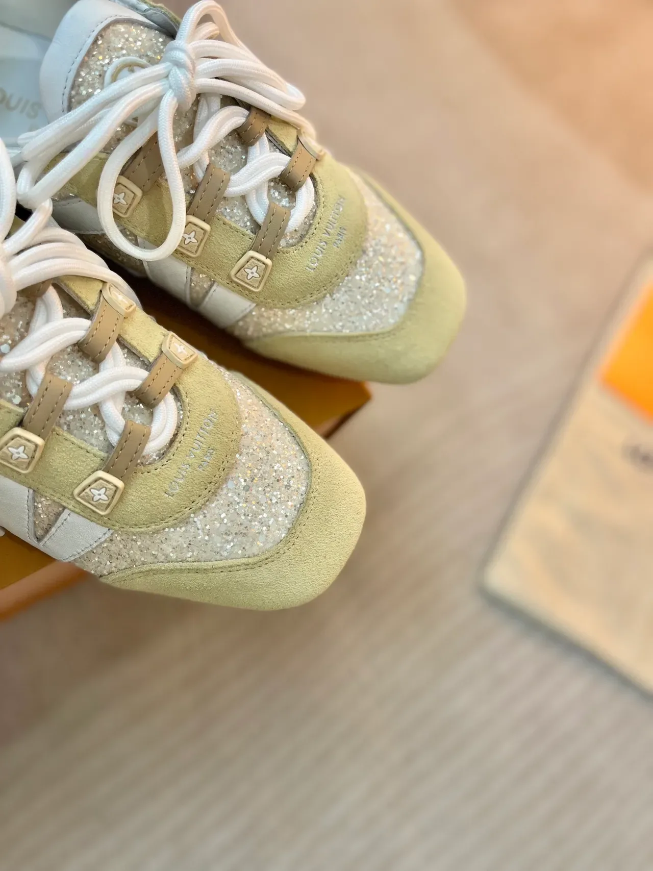 Louis Vuitton Beige White Glitter-Paneled Suede-and-Leather Lifestyle Sneakers 3