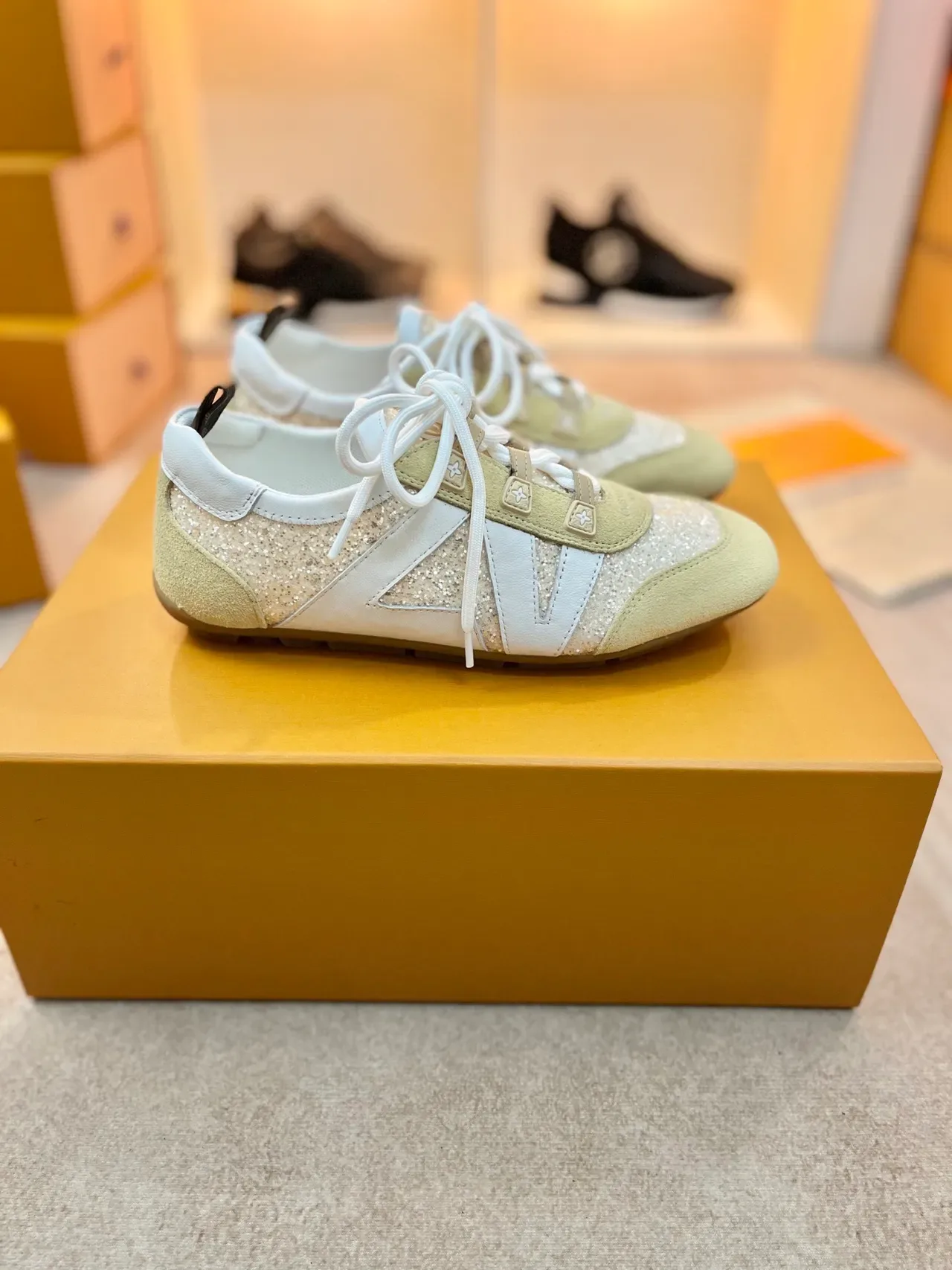 Louis Vuitton Beige White Glitter-Paneled Suede-and-Leather Lifestyle Sneakers 4