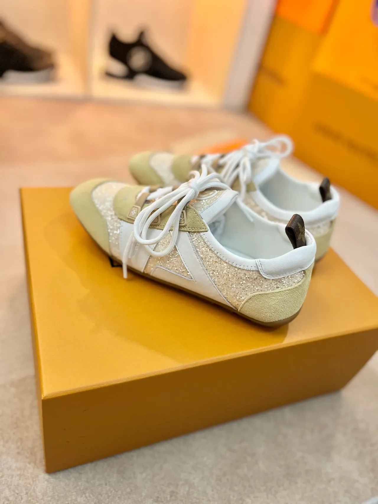 Louis Vuitton Beige White Glitter-Paneled Suede-and-Leather Lifestyle Sneakers 5