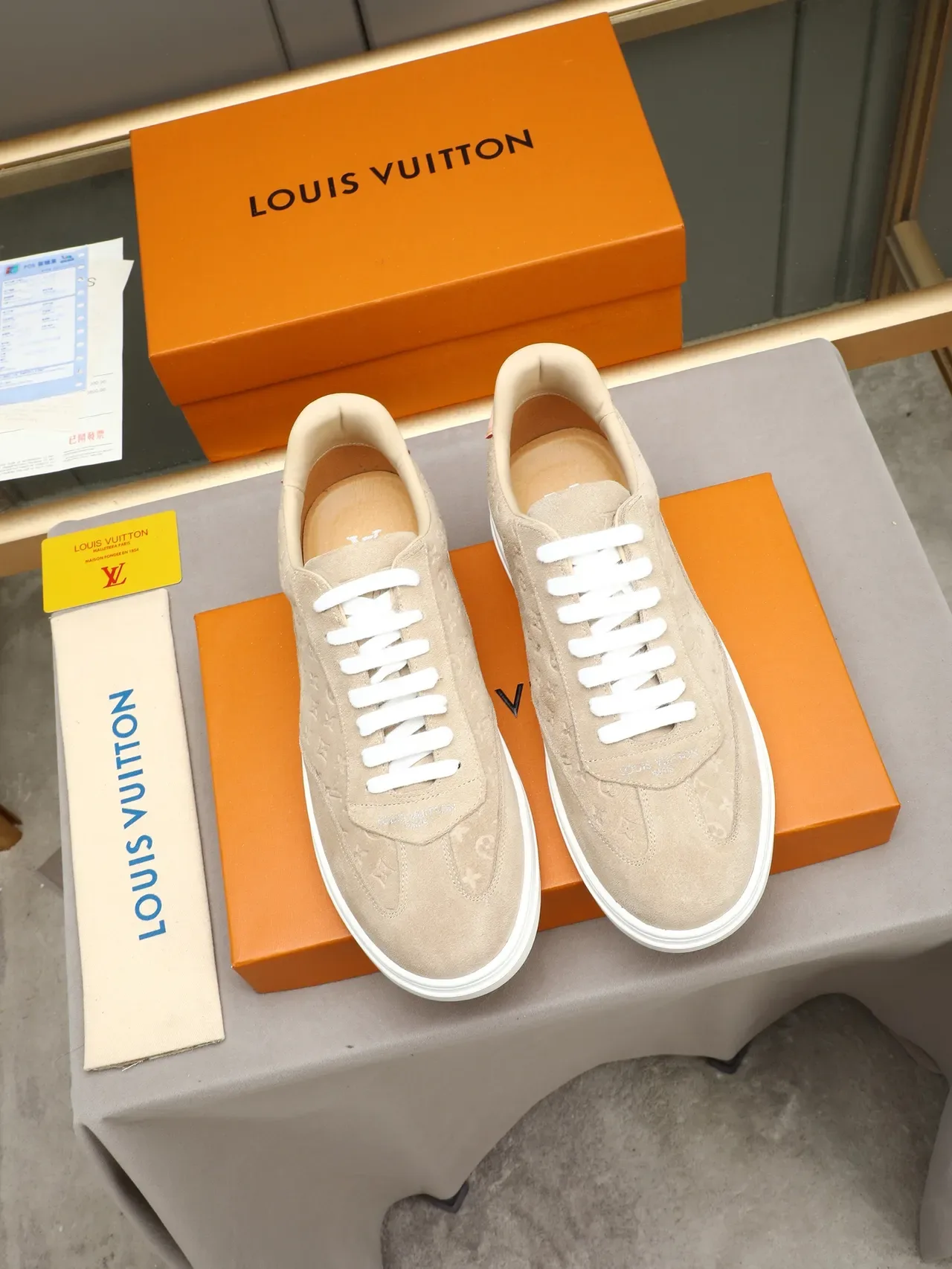 Louis Vuitton Beige White Monogrammed Suede Platform Sole Lifestyle Sneakers 3