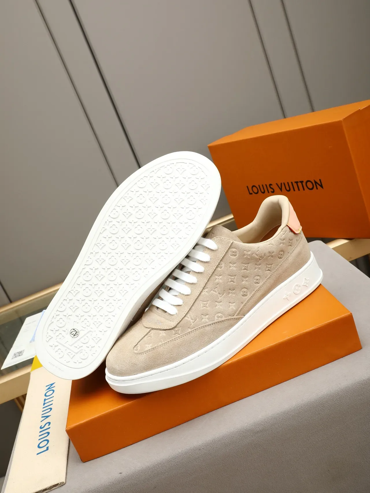 Louis Vuitton Beige White Monogrammed Suede Platform Sole Lifestyle Sneakers 4