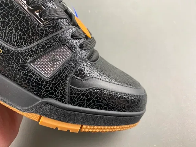 Louis Vuitton Black Beige Cracked Leather Upper Gold Script Logo Lifestyle Sneakers 2