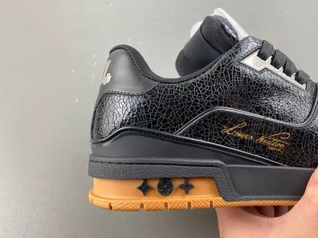 Louis Vuitton Black Beige Cracked Leather Upper Gold Script Logo Lifestyle Sneakers 3