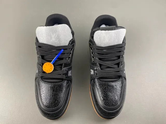 Louis Vuitton Black Beige Cracked Leather Upper Gold Script Logo Lifestyle Sneakers 9