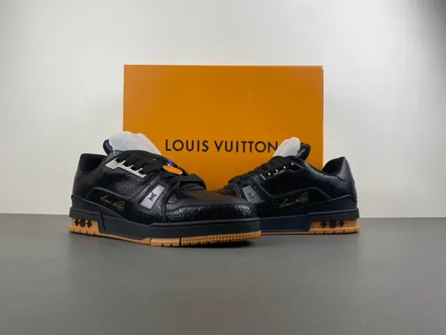 Louis Vuitton Black Beige Cracked Leather Upper Gold Script Logo Lifestyle Sneakers 11