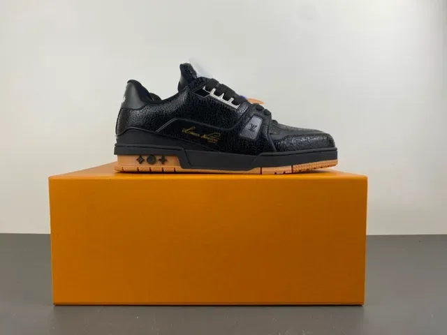 Louis Vuitton Black Beige Cracked Leather Upper Gold Script Logo Lifestyle Sneakers 13