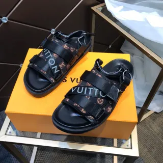Louis Vuitton Sandales Casuales en Toile Monogramme à Multi-Bandes Noires et Marron