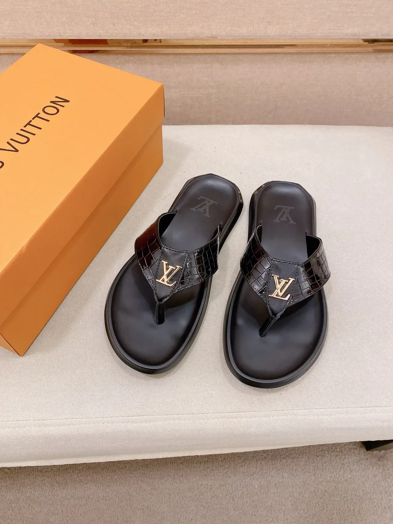 Louis Vuitton Black Brown Thong Strap Embossed LV Logo Slippers 4