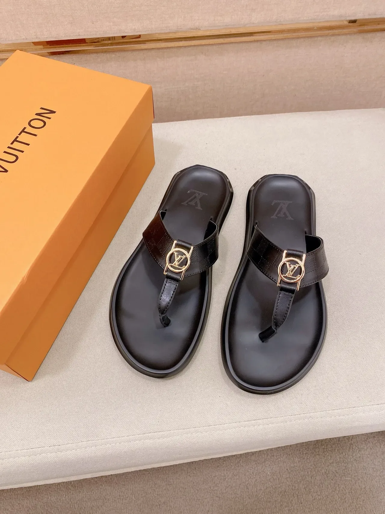Louis Vuitton Black Brown Thong Strap Embossed LV Logo Slippers 5