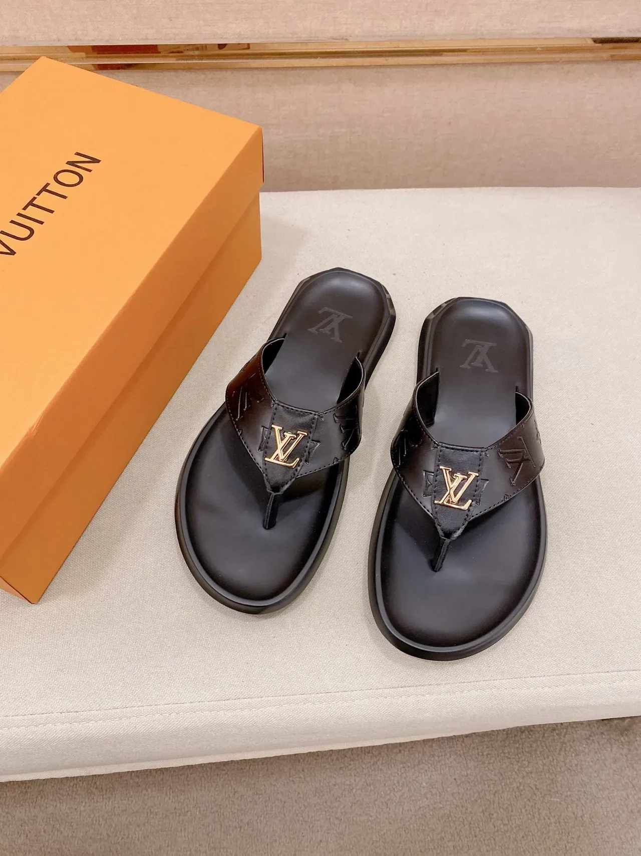 Louis Vuitton Black Brown Thong Strap Embossed LV Logo Slippers 6