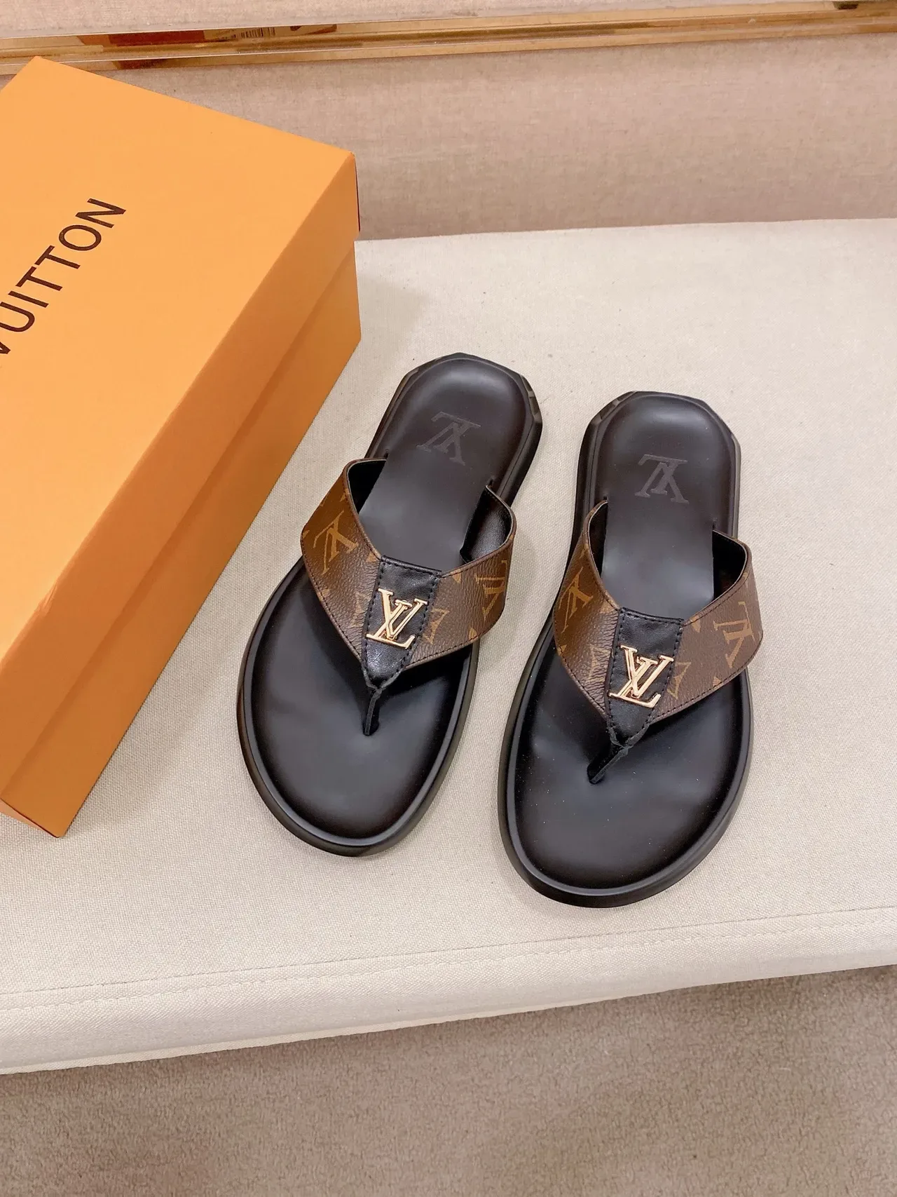 Louis Vuitton Black Brown Thong Strap Embossed LV Logo Slippers 9