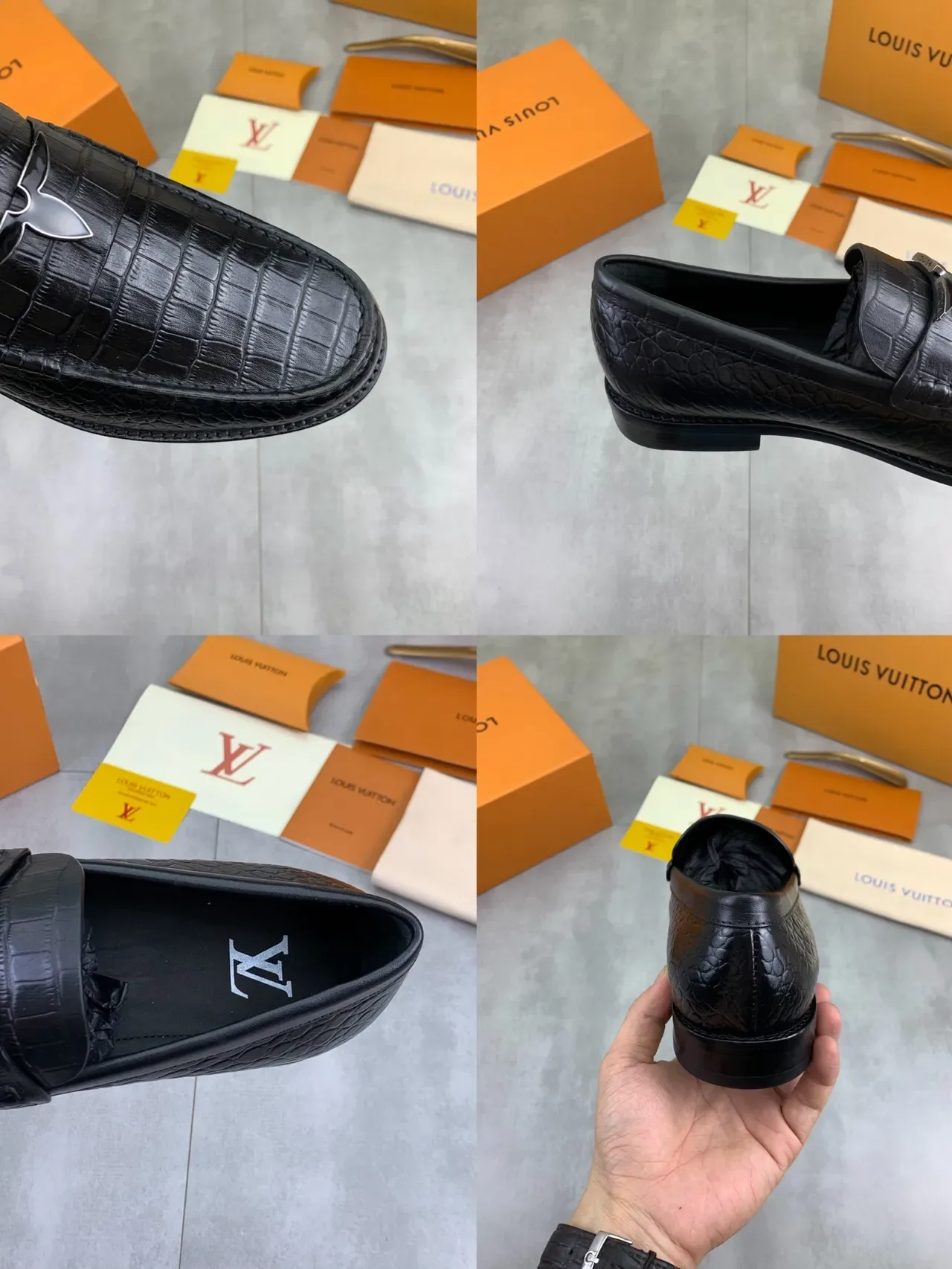 Louis Vuitton Black Crocodile-Embossed Leather Metal Twist-Lock Hardware Loafer 2