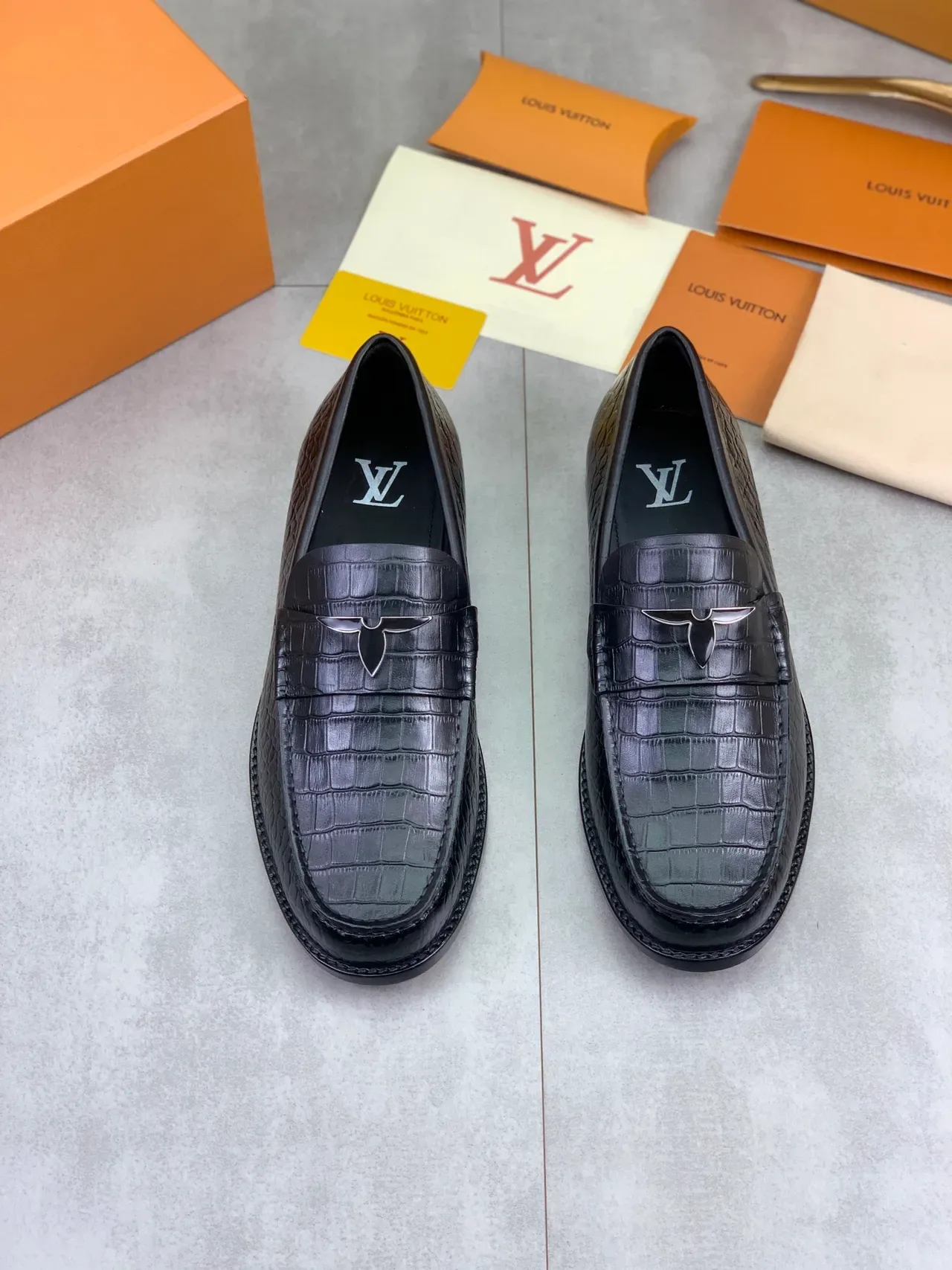 Louis Vuitton Black Crocodile-Embossed Leather Metal Twist-Lock Hardware Loafer 4