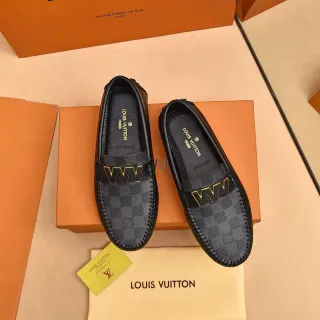 路易威登黑色金色Damier Check帆布LV Logo乐福鞋