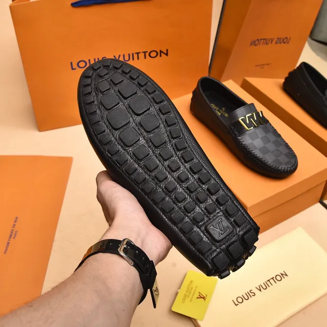 Louis Vuitton Black Gold Damier Check Canvas LV Logo Loafer 5