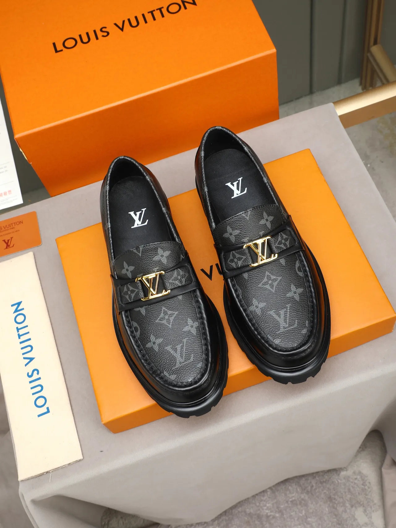 Louis Vuitton Black Gold Monogram-Coated Leather Buckle Loafer 2
