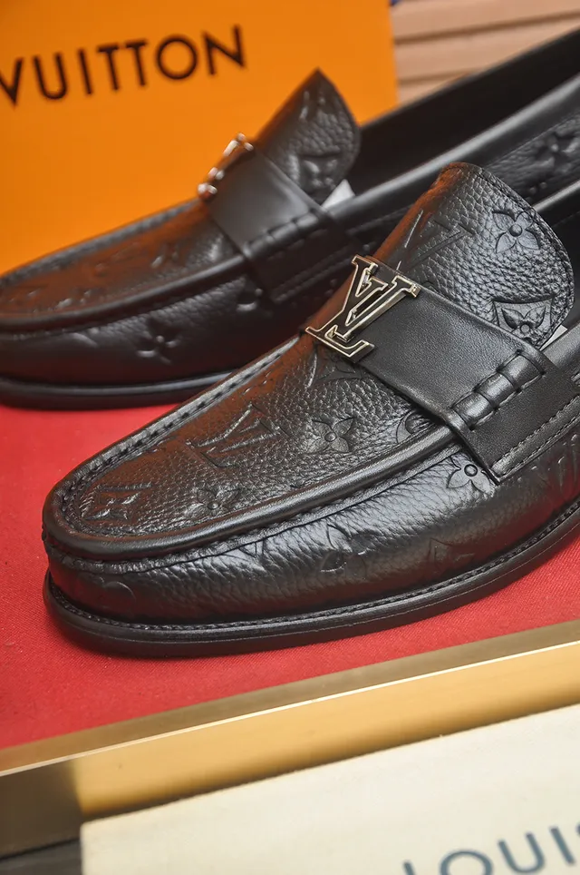 Louis Vuitton Black Gold Monogram-Embossed Leather Metal LV Buckle Strap Loafer 2