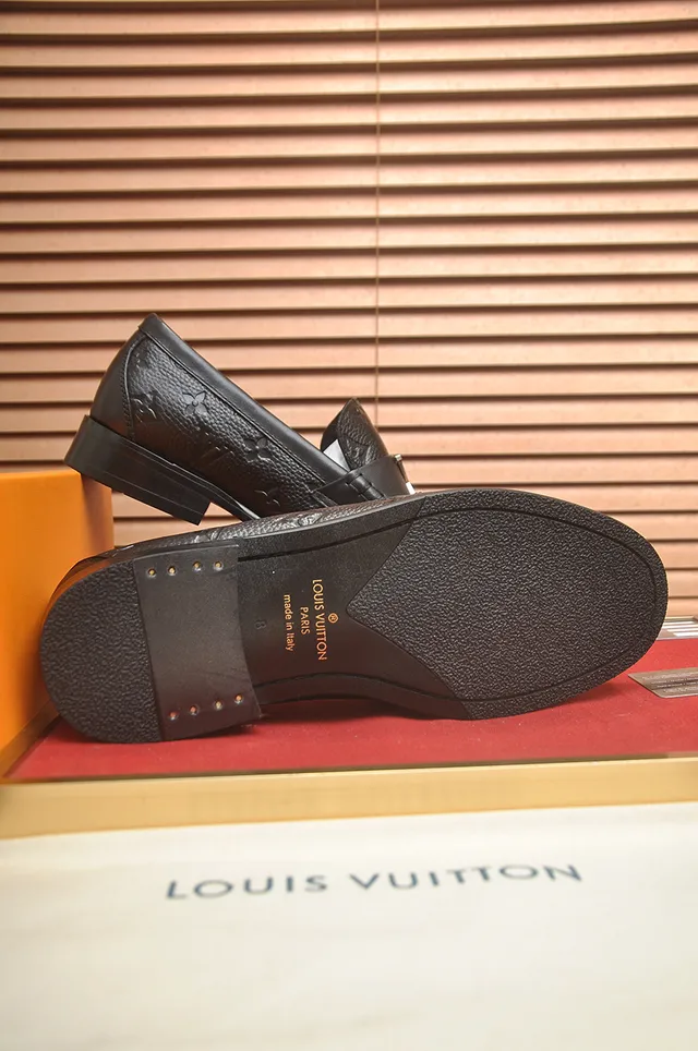 Louis Vuitton Black Gold Monogram-Embossed Leather Metal LV Buckle Strap Loafer 3