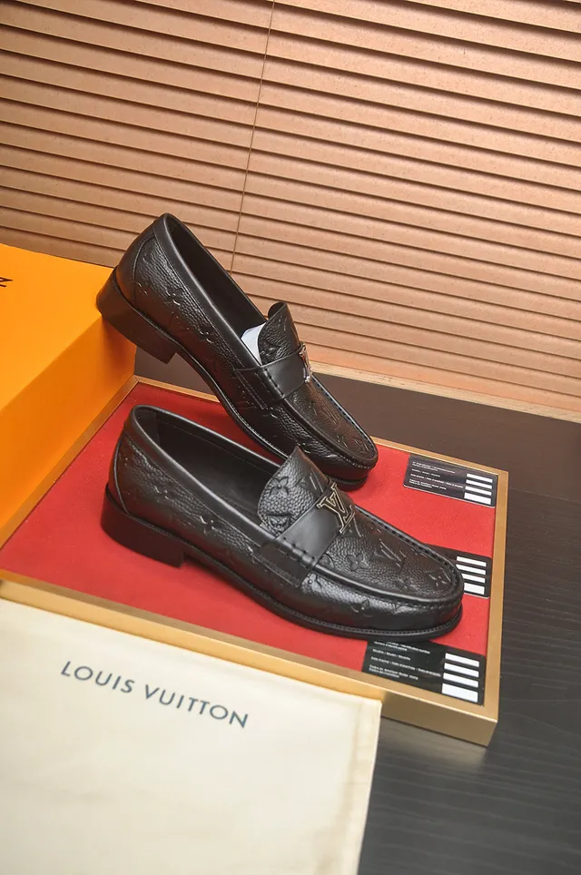 Louis Vuitton Black Gold Monogram-Embossed Leather Metal LV Buckle Strap Loafer 4