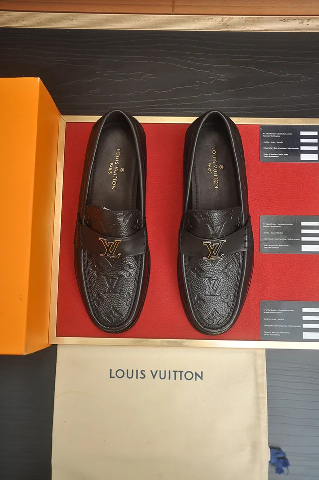 Louis Vuitton Black Gold Monogram-Embossed Leather Metal LV Buckle Strap Loafer 5