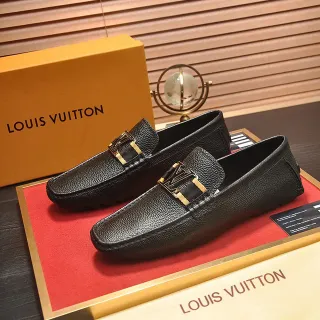Louis Vuitton 黑色金色磨砂皮革金属LV扭锁带乐福鞋