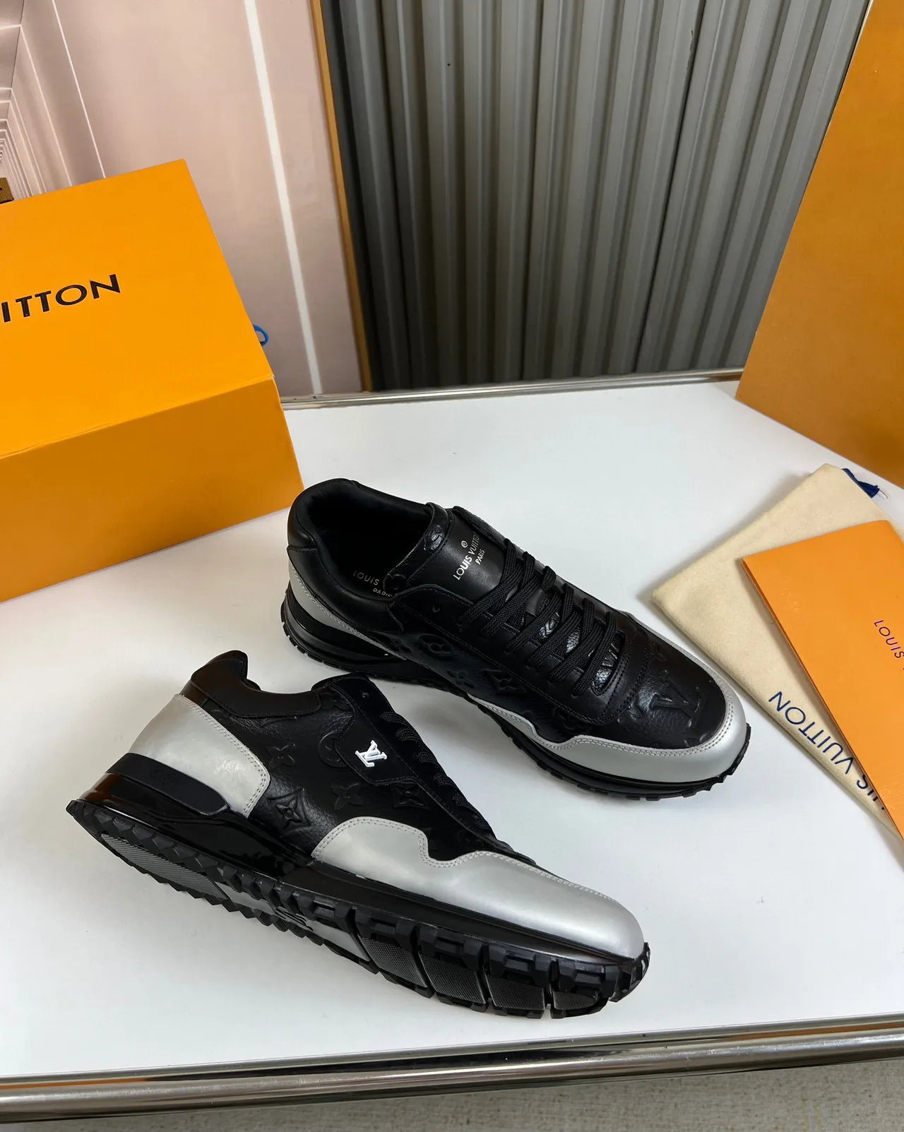 Louis Vuitton Black Gray Monogram-Embossed Leather Two-Tone Lifestyle Sneakers 7