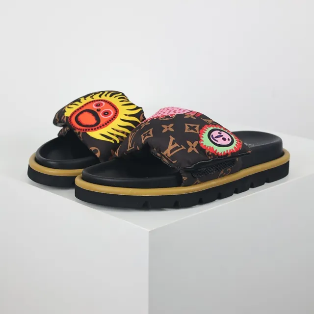 Louis Vuitton Black Multicolor Padded Monogram Strap Embroidered Graphic Faces Slippers 2