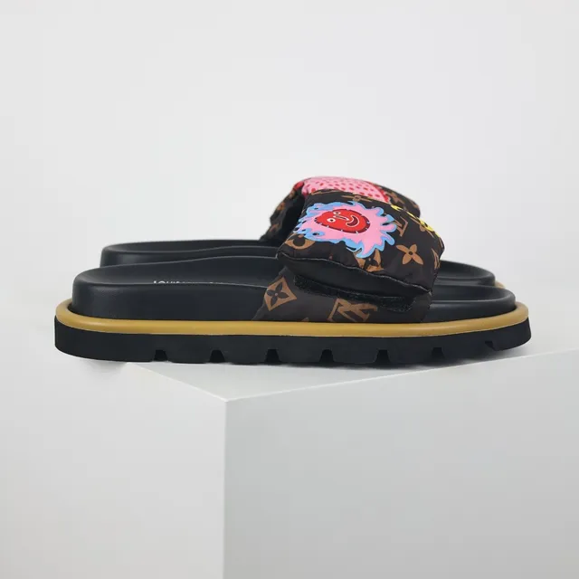 Louis Vuitton Black Multicolor Padded Monogram Strap Embroidered Graphic Faces Slippers 3