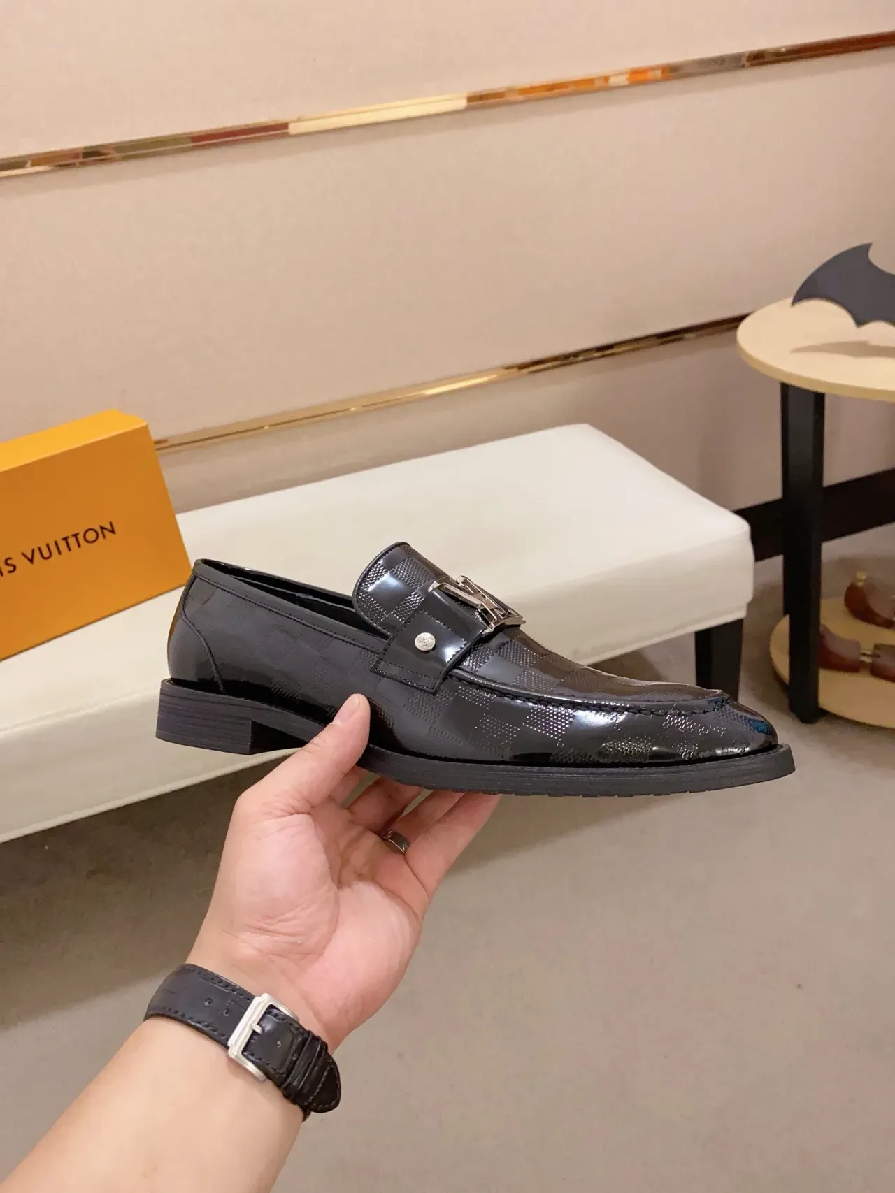 Louis Vuitton Black Patent Leather Damier Check Pattern Loafer 4