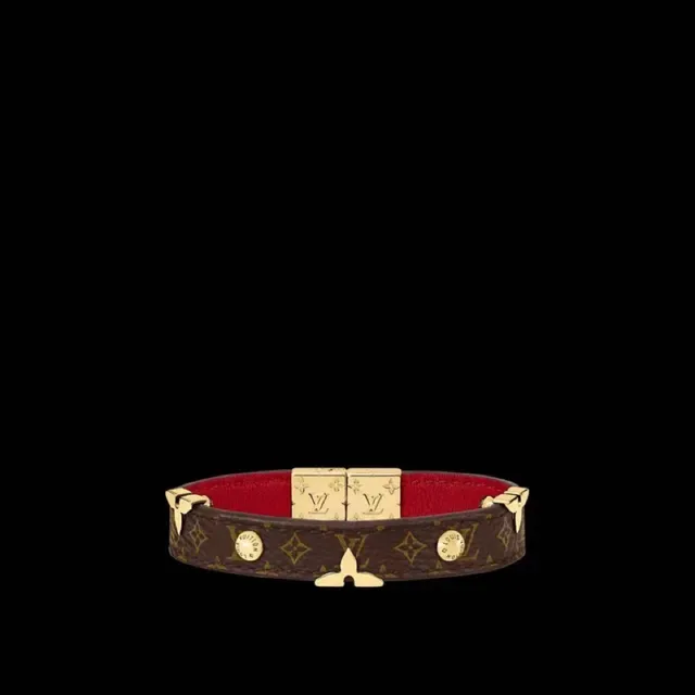 Louis Vuitton Black Red Stacked Leather Bands Gold-Tone Floral Clasp Bracelet 5