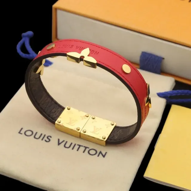 Louis Vuitton Black Red Stacked Leather Bands Gold-Tone Floral Clasp Bracelet 6