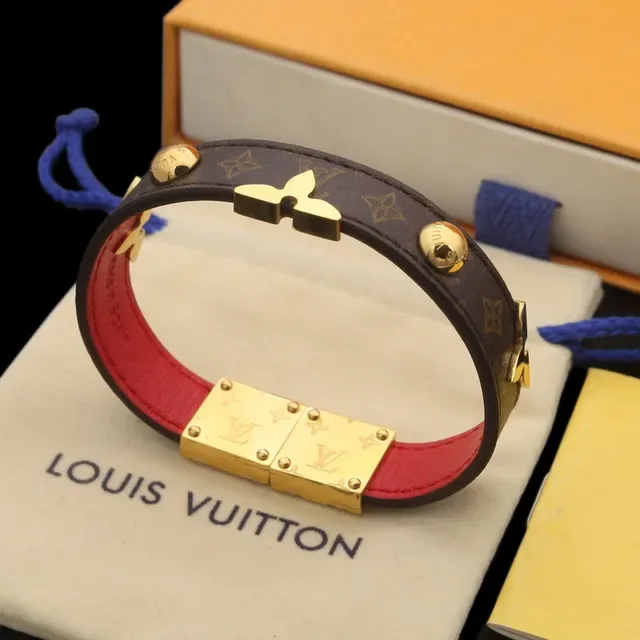 Louis Vuitton Black Red Stacked Leather Bands Gold-Tone Floral Clasp Bracelet 7