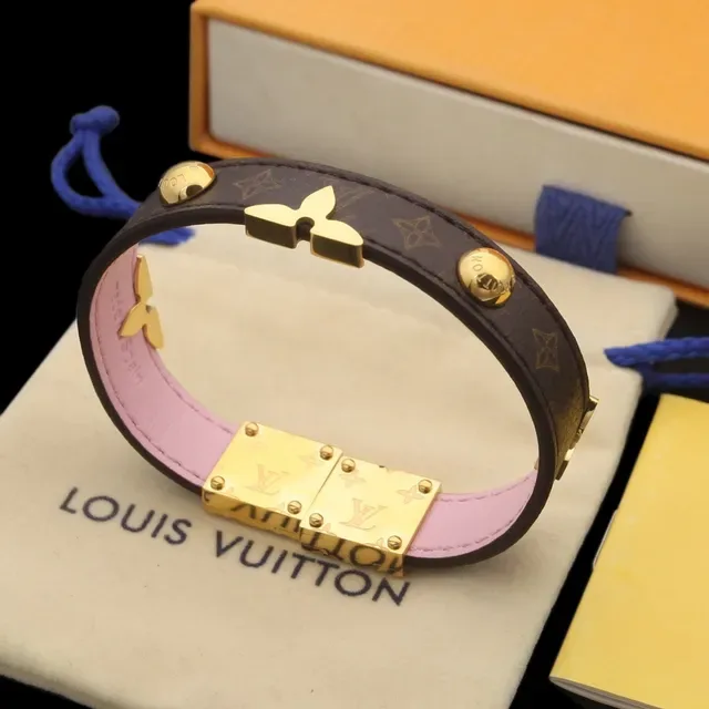 Louis Vuitton Black Red Stacked Leather Bands Gold-Tone Floral Clasp Bracelet 8