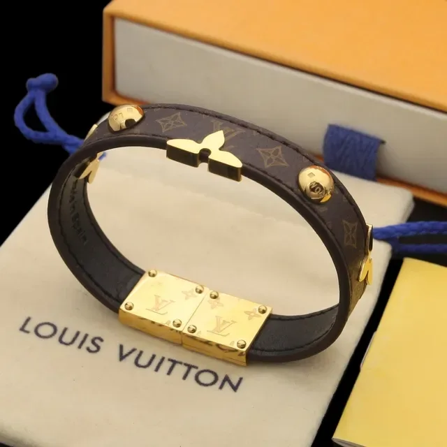 Louis Vuitton Black Red Stacked Leather Bands Gold-Tone Floral Clasp Bracelet 9