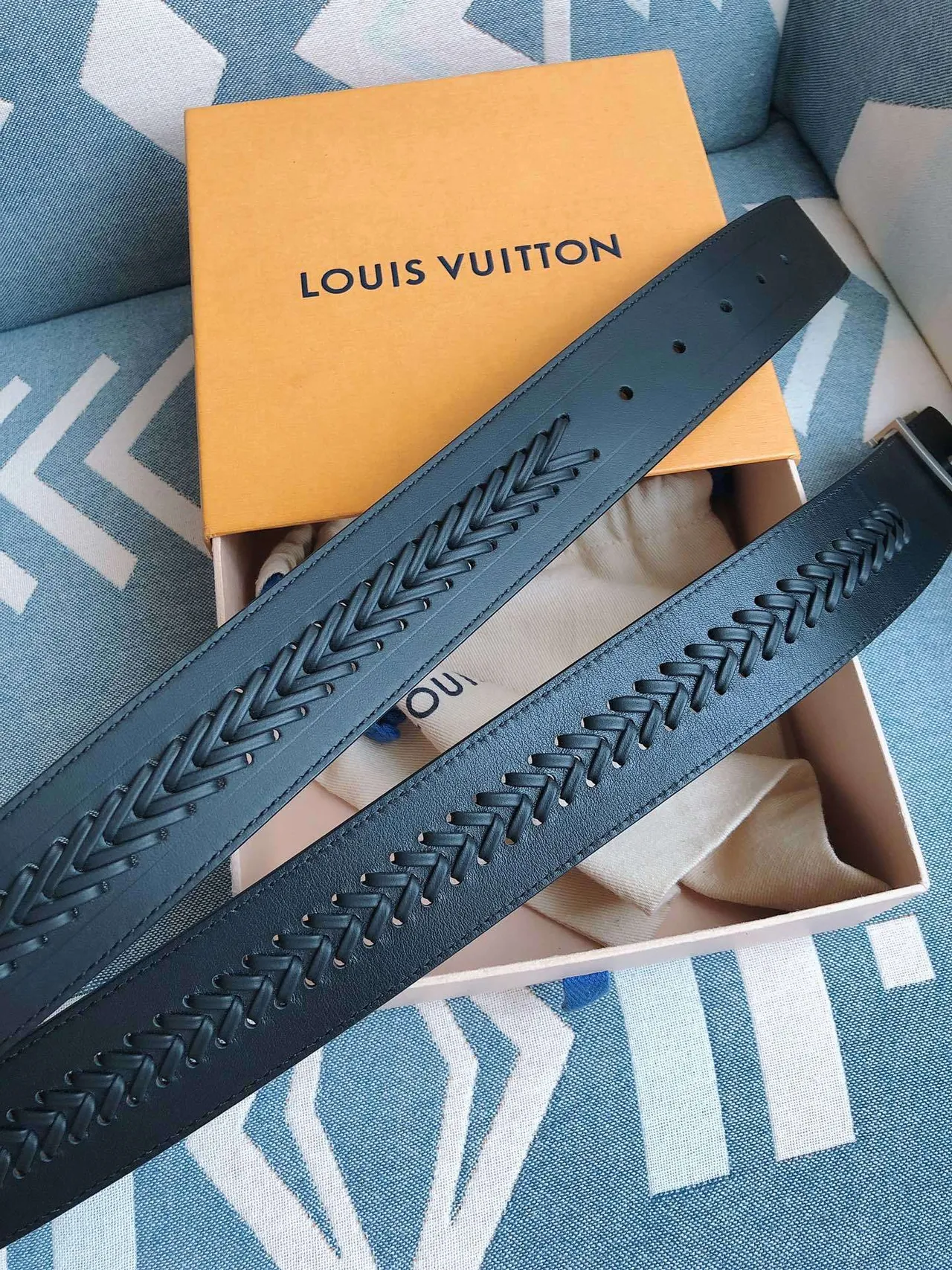 Louis Vuitton Black Silver Braided Strap Oversized LV Monogram Buckle Leather Belt 4
