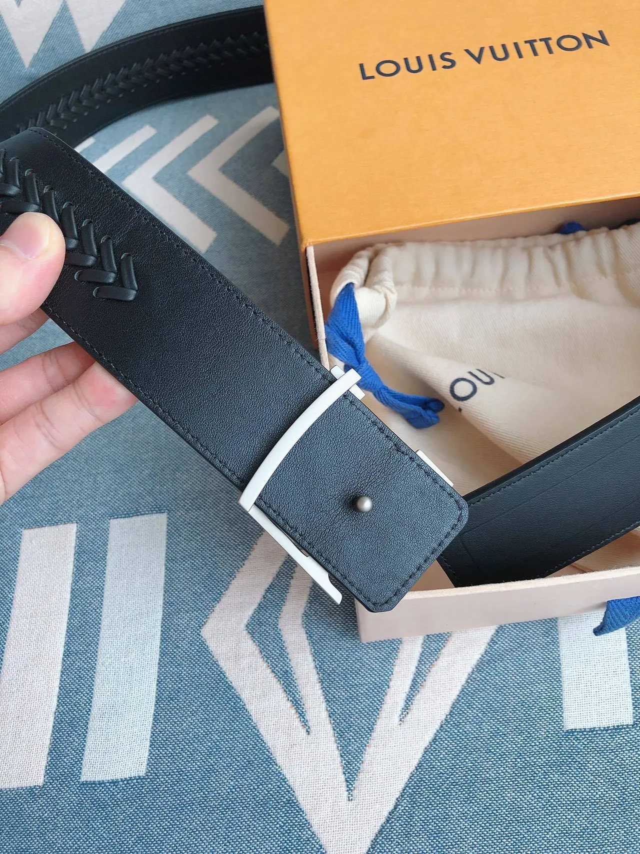 Louis Vuitton Black Silver Braided Strap Oversized LV Monogram Buckle Leather Belt 5