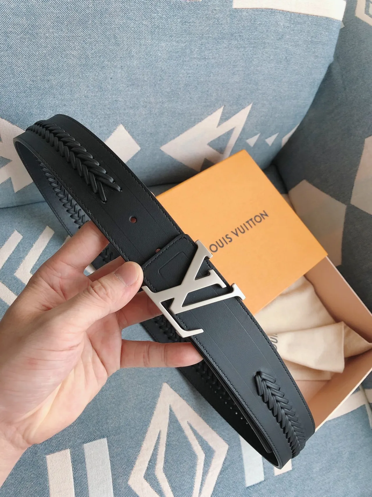 Louis Vuitton Black Silver Braided Strap Oversized LV Monogram Buckle Leather Belt 8