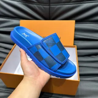 Louis Vuitton Blue Black Molded Rubber Sole Checkerboard Mesh Strap Slippers