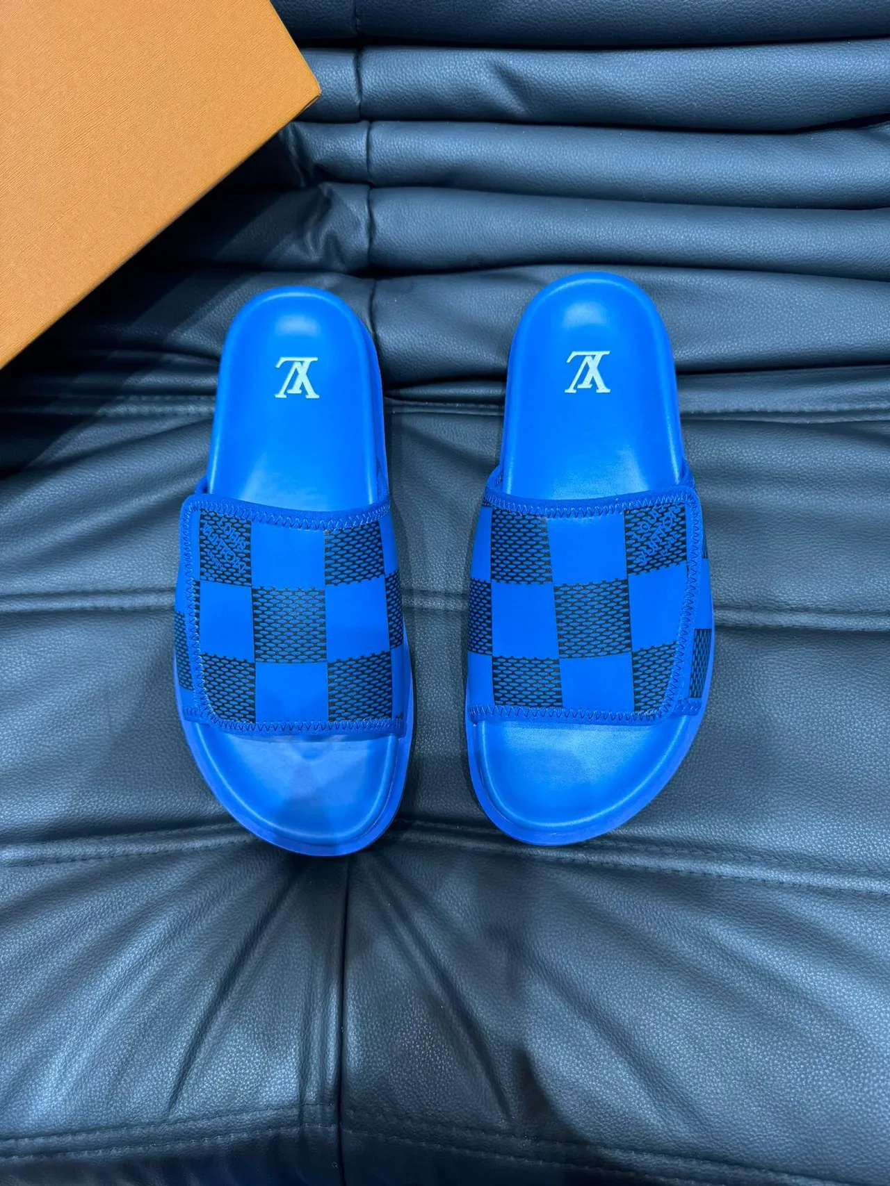 Louis Vuitton Blue Black Molded Rubber Sole Checkerboard Mesh Strap Slippers 2