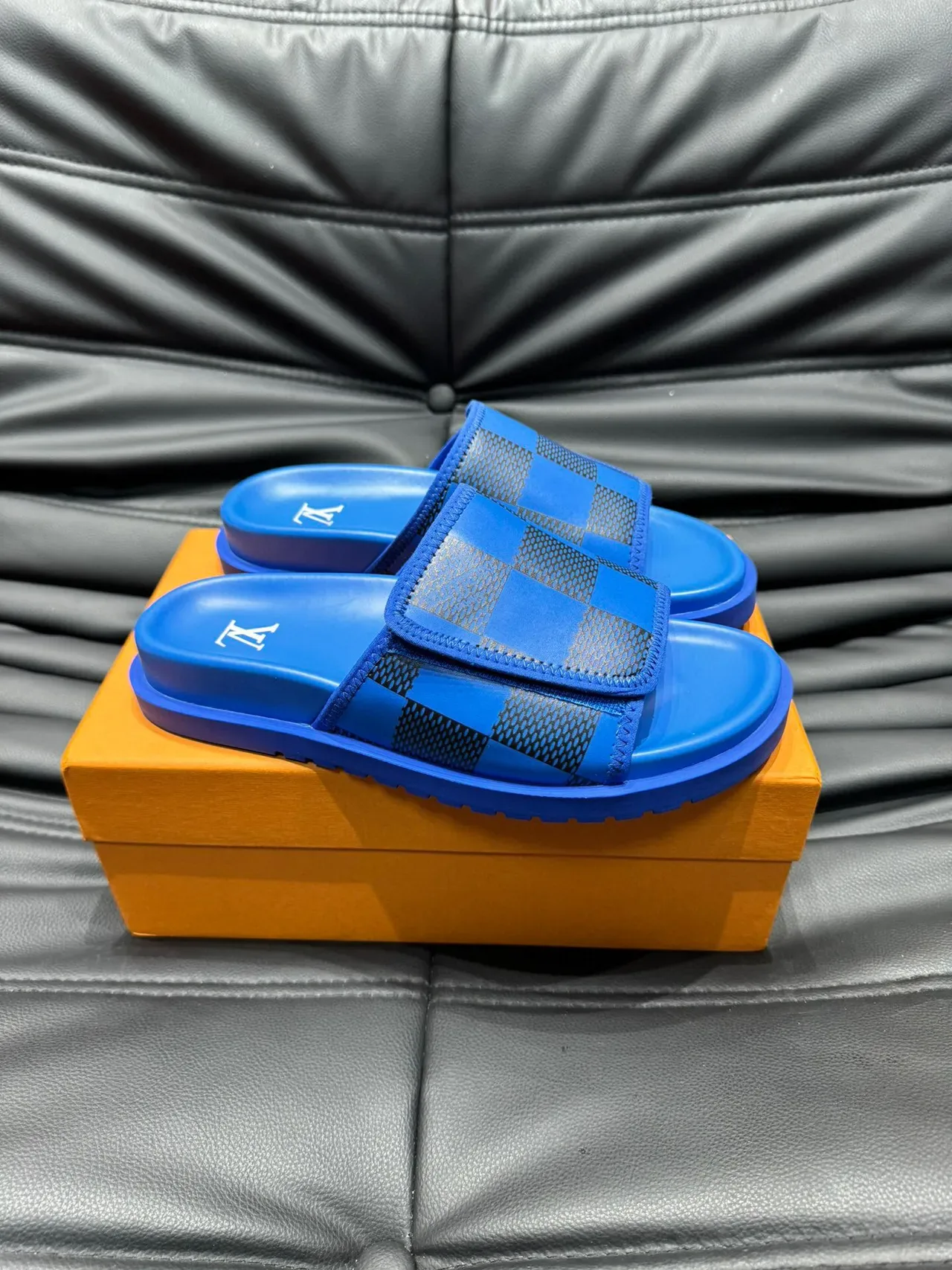 Louis Vuitton Blue Black Molded Rubber Sole Checkerboard Mesh Strap Slippers 4