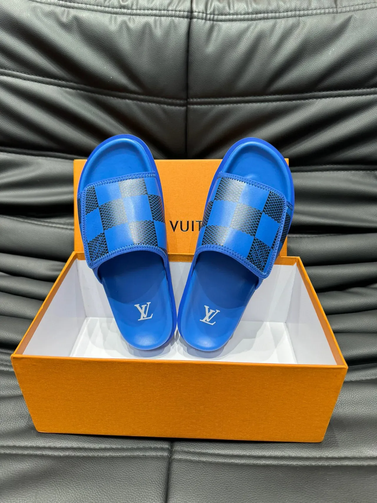 Louis Vuitton Blue Black Molded Rubber Sole Checkerboard Mesh Strap Slippers 5